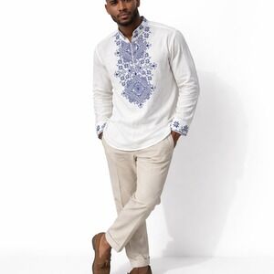 COOFANDY Mens White 100% Cotton  Long Sleeve Shirt Medium Beach Resort‎ Vacation